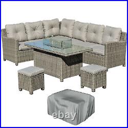 5 PCs Outdoor Rattan Corner Dining Set Footstool Gas Fire Pit Table Furniture
