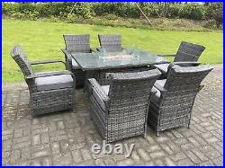 6 Seater Rattan Garden Furniture Rectangular Gas Fire Pit Table And Chair Sets