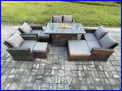 Fimous Outdoor Rattan Garden Furniture Set Gas Firepit Dining Table Love Sofa