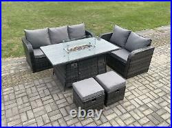 Fimous Outdoor Rattan Garden Furniture Sets Reclining Gas Fire Pit Dining Table