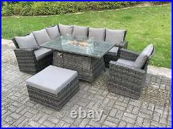 Fimous Outdoor Rattan Gas Fire Pit Dining Table Sofa Set Garden Patio Furniture