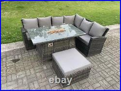 Fimous Outdoor Rattan Gas Fire Pit Sofa Dining Table Set Garden Patio Furniture