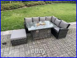 Fimous Outdoor Rattan Gas Fire Pit Sofa Dining Table Set Garden Patio Furniture