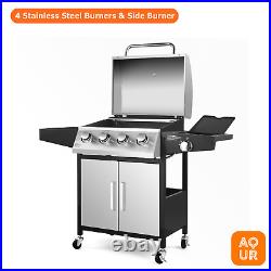 Gas BBQ Steel Grill 4 & 1 Side Burner Garden Barbecue Smoker Outdoor Patio