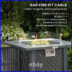Gas Fire Pit Table, Patio Garden, Rattan, Glass, Stone, Portable, 50,000 BTU