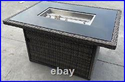New Brown Rattan Gas Firepit Table, Incl Fire Stones Wind Guard & Ceramic Logs
