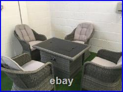 New Grey Rattan Gas Fire Pit Table & 4 Chairs Incl Fire Stones & Wind Guard