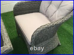 New Grey Rattan Gas Fire Pit Table & 4 Chairs Incl Fire Stones & Wind Guard
