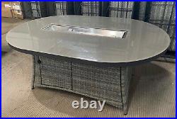 New Grey Rattan Gas Fire Pit Table & 6 Chairs Incl Fire Stones & Wind Guard