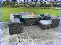 Outdoor Rattan Garden Furniture Gas Fire Pit Table Sets Lounge Chairs Dark Grey