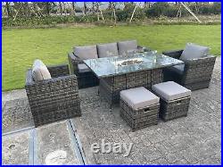 Outdoor Rattan Garden Furniture Sets Gas Fire Pit Dining Table Heater Dark Grey