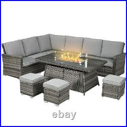 Outsunny 9-Seater PE Rattan Garden Furniture Set, 50,000 BTU Gas Fire Pit Table