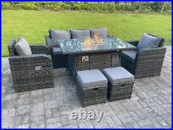 PE Rattan Garden Furniture Set Gas Fire Pit Dining Table Heater Reclining Chairs