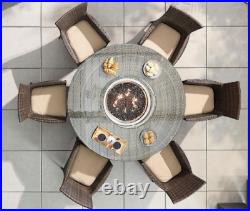 Rattan Dining Set -1.5m Round Gas Fire Pit Table & 6 x Matching Chairs