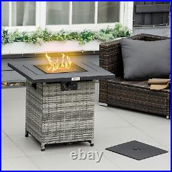 Rattan Gas Fire Pit Table with Mesh Lid & Rain Cover, Lava Stone, 40,000 BTU