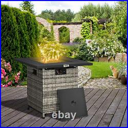 Rattan Gas Fire Pit Table with Mesh Lid & Rain Cover, Lava Stone, 40,000 BTU