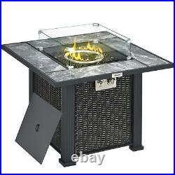 Rattan Gas Fire Pit Table with Rain Cover, Windscreen & Glass Stones, 50,000 BTU